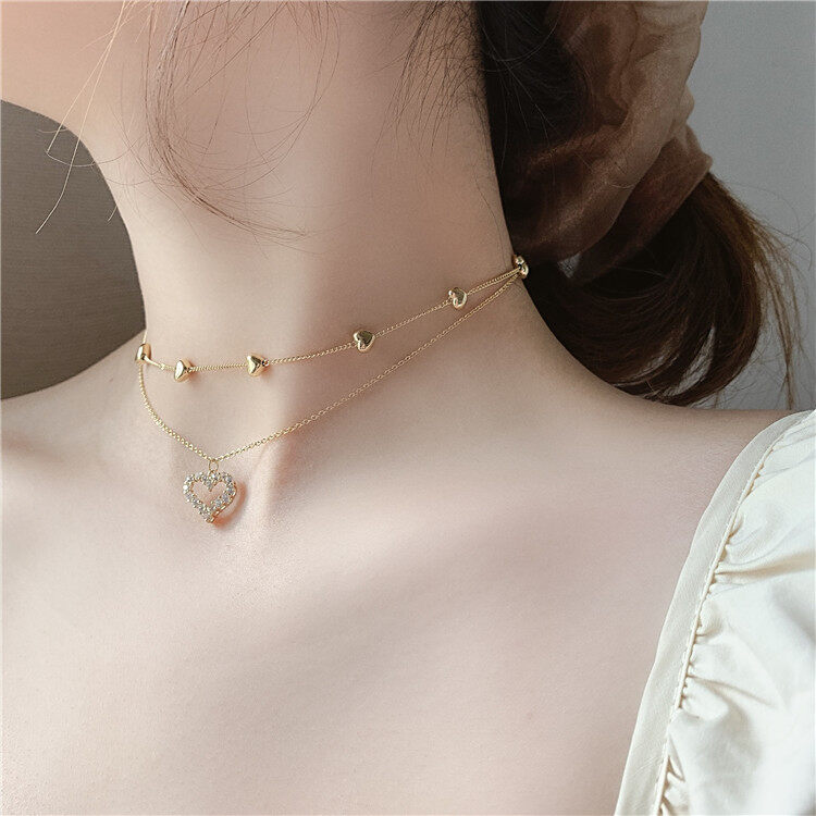 Frascati New Double layer Chain Heart Choker Necklace For Women Gold Chain Korean Style Collar Female Chocker Fashion Jewelry