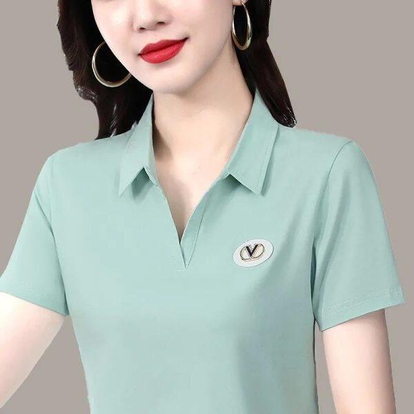 M-5XL Free shipping over size women sport polo shirt short sleeve slim basic plain v neck shirt ladies t shirt green fashion tops tees