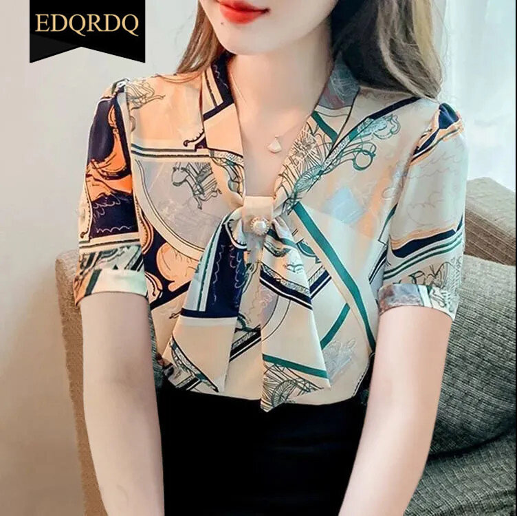 EDQRDQ Floral Chiffon Blouses Plus Size Pearl Elegant Design Short Sleeve Shirts Tops