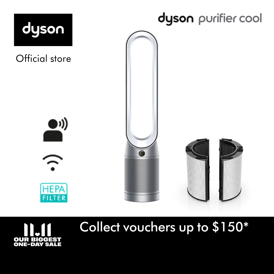 Dyson Purifier Cool ™ Air Purifier Fan TP07 (White/Silver) with 360° Glass HEPA+Carbon Air Purifier Filter