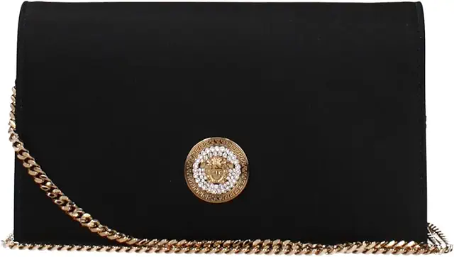 Versace Medusa Women’s Black Satin & Leather Clutch Bag – Small Evening Purse with Medusa Hardware