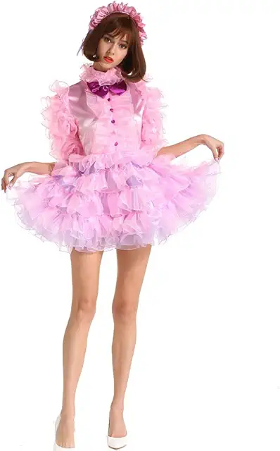 Women Sissy Maid Half Sleeve Lockable Puffy Pink Dress Uniform Crossdress