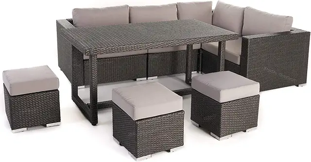 Santa Rosa Outdoor 7-Seater Dining Sofa and Ottoman Set with Aluminum Frame and Water Resistant Cushions, Grey